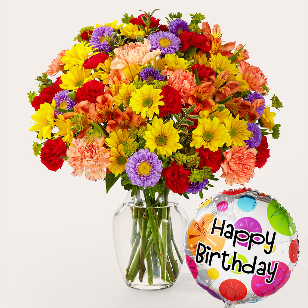 Kaleidoscope Bouquet with Birthday Balloon – Flower Loft, Southfield MI