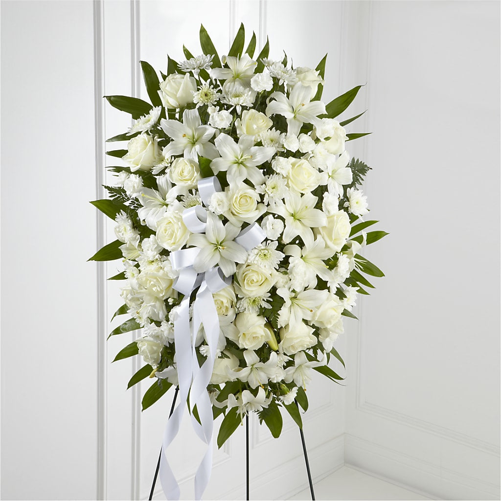 Exquisite Tribute Standing Spray-White Ribbon – Flower Loft, Southfield MI